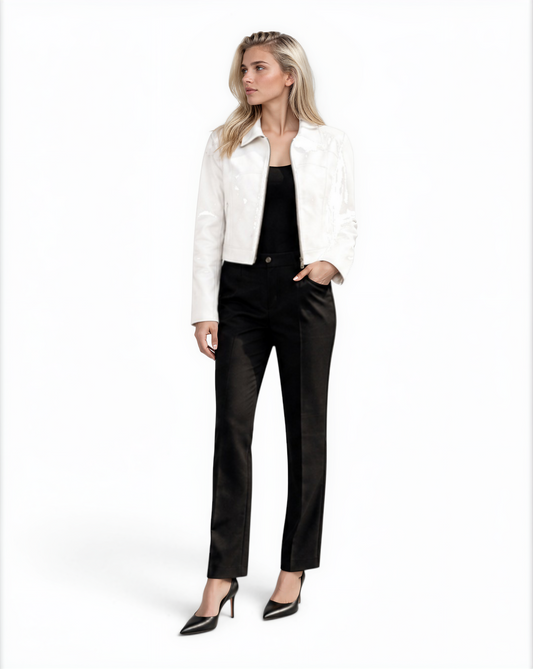 Point Collar Cropped Lamb Leather Jacket in White