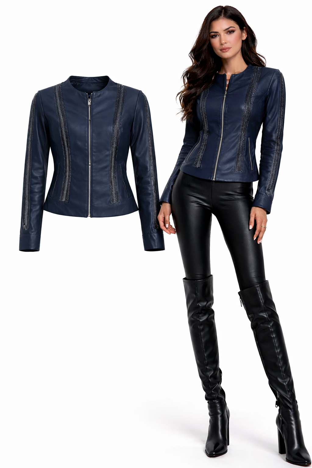 <P>SERENA<BR> BRAIDED LAMB LEATHER DOUBLE ZIP JACKET</P> Blue